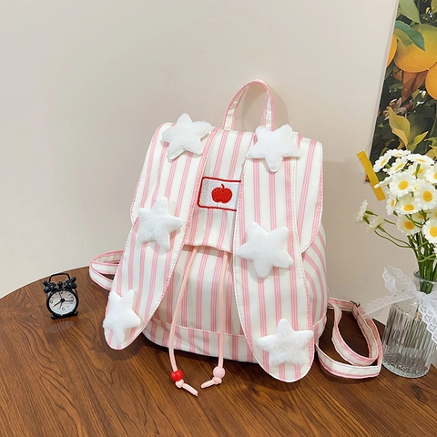Süßer Hasenohren Gestreifter Nylon Rucksack Koreanischer Stil Apfel Bestickt Student Schultasche Kordelzug Reise Großer Tagesrucksack