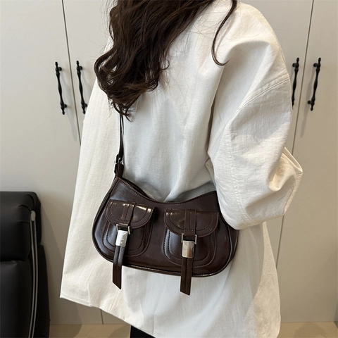 Mode PU Leder Unterachseltasche Für Damen Minimalistisch Koreanischer Stil Zwei Vordertaschen Schulter Umhängetasche Retro Handtasche