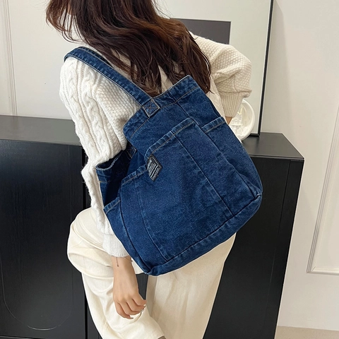 Large Capacity Washed Denim Tote Bag For Women Casual Multi-Pocket Shoulder Bag Vintage Solid Color Cotton Canvas Shopper Handbag