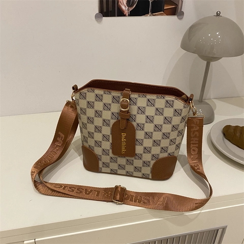 Borsa a Secchiello Retrò Monogramma da Donna in Pelle PU Stampata Borsa a Tracolla Con Tracolla Regolabile Borsa a Spalla da Pendolare