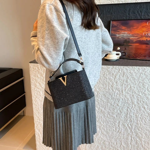 Elegante Bolso Bandolera de Purpurina para Mujer Bolso de Mano de Lujo de Cuero PU Bolso Cuadrado Pequeño Con Hebilla en V para Fiesta Oficina Diario