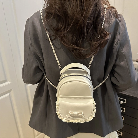 Mini Zaino da Donna in Pelle PU Dolce Fiocco Pizzo Piccola Borsa da Scuola Moda Stile Coreano Borsa a Tracolla per Ragazze