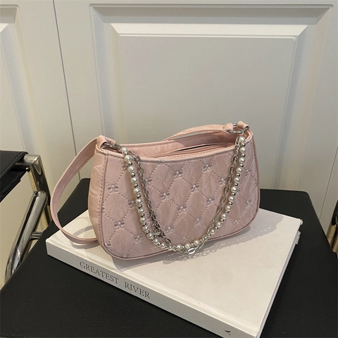 Borsa Baguette Trapuntata a Farfalla da Donna in Pelle Sintetica Borsa a Tracolla Con Catena di Perle Artificiali Moda
