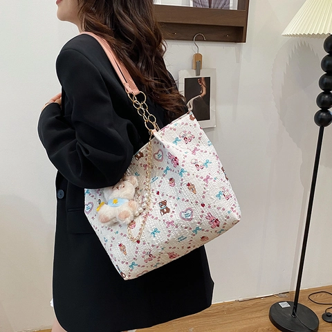 Cartoon Druck Große Kapazität Einkaufstasche Für Damen Japanisch Süßer Stil Verbundstoff Schultertasche Mit Perlenkette Anhänger