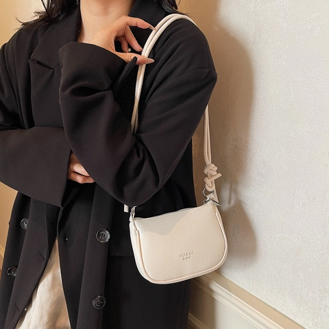 Minimalist Women PU Leather Crossbody Bag Fashion Pebble Grain Small Shoulder Bag With Knot Strap Detail Solid Color Daily Satchel