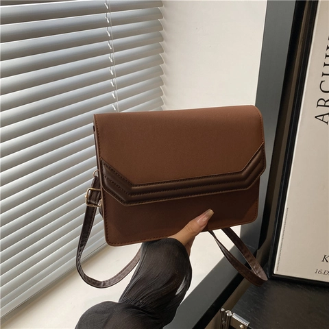 Vintage PU Leder Umhängetasche Damen Colorblock Klappe Quadratische Schultertasche Minimalistische Pendler Mode Kuriertasche