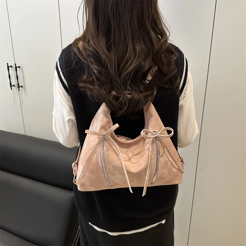 Vintage Fashion Trendy Large Capacity Women Shoulder Tote Bag With Bow Ribbon And Double Zipper Decor Hobo Bag 2025 New