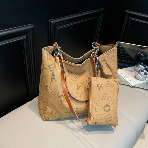 Stedelijke Minimalistische PU Leder Monogram Letterprint Tote Tas Set Grote Capaciteit Schoudertas Voor Dames Dagelijks Gebruik