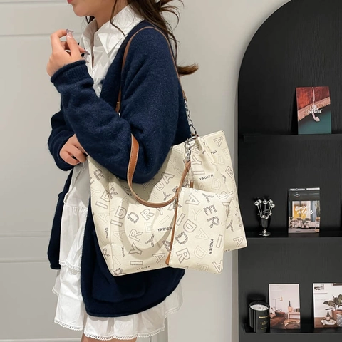 Stedelijke Minimalistische PU Leder Monogram Letterprint Tote Tas Set Grote Capaciteit Schoudertas Voor Dames Dagelijks Gebruik
