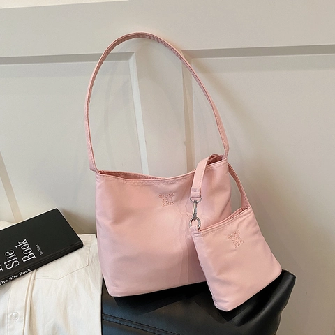 Women Nylon Shoulder Bag Set Minimalist Fashion Underarm Handbag With Small Pouch Casual Bucket Bag Solid Color Tote