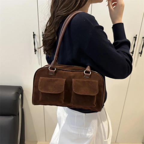 Borsa a Tracolla Vintage da Donna in Camoscio e Tela Borsa a Mano Retro Con Doppie Tasche Anteriori Cerniera Casual Versatile