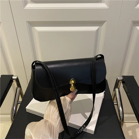Bolso de Hombro Axilar de Cuero PU Estilo Francés para Mujer Bolso de Bandolera Minimalista con Solapa Color Sólido Bolso de Cadena