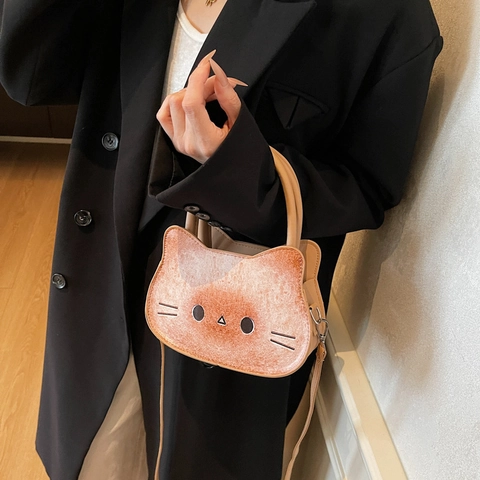 Cartoon Cat Bread Toast Shaped Crossbody Bag For Women Cute Khaki PU Leather Shoulder Bag Kawaii Kitten Handbag Daily Purse