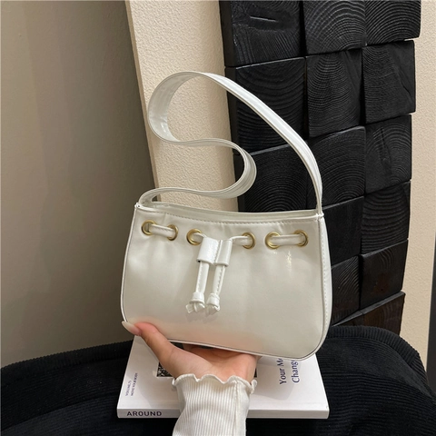 Chic Women PU Leather Underarm Bag Vintage Drawstring Shoulder Bag With Metal Eyelets Solid Color Small Tote Bag For Commuting Party