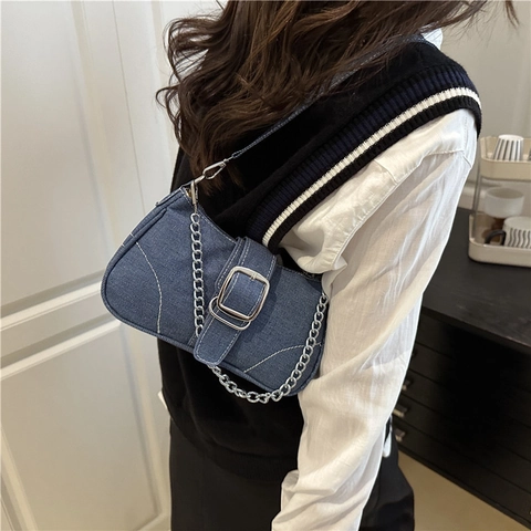 Vintage Denim Shoulder Bag For Women Fashion Contrast Stitching Handbag With Metal Chain Square Buckle Crossbody Bag