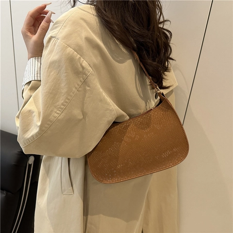 Dames Mode Slangenpatroon PU Leer Onderarmtas Minimalistische Halve Maan Schoudertas Gouden Rits Casual Handtas