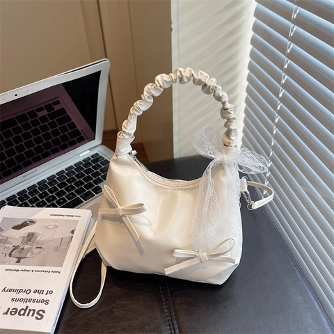 Damen PU Leder Umhängetasche Im Koreanischen Stil Mit Gerafftem Griff Schleife Und Spitze Dekoration Süße Schultertasche