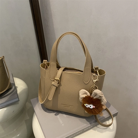 Vintage Women's Litchi Grain PU Leather Bucket Bag Top Handle Detachable Shoulder Strap Crossbody Handbag Casual Office Tote