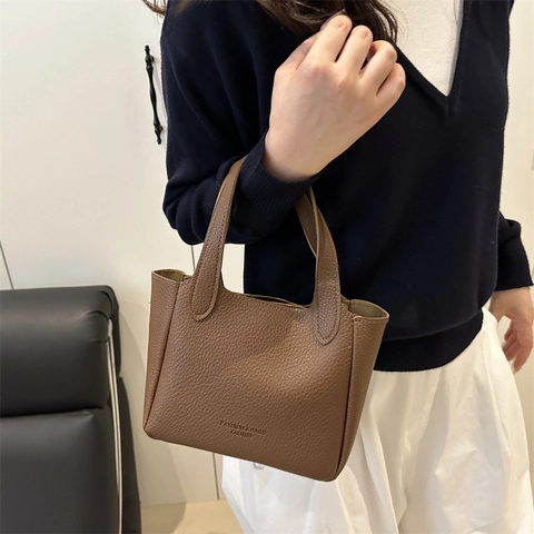 Vintage Women's Litchi Grain PU Leather Bucket Bag Top Handle Detachable Shoulder Strap Crossbody Handbag Casual Office Tote