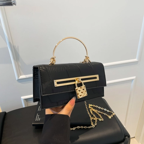 Bolso Bandolera De Cuero PU Con Patrón De Cocodrilo Para Mujer Candado De Corazón Dorado Bolso Cuadrado Con Asa Cadena