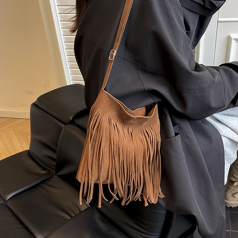 Bolso Bandolera Bohemio Vintage para Mujer Pequeño Bolso de Hombro con Flecos de Ante Sintético Retro Color Sólido para Mujer