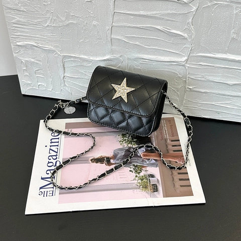 Mini Gesteppte Umhängetasche Für Damen Gitter-Schultertasche Mit Strassstern Kleine PU-Leder Kettentasche Mode Alltag Party Handtasche