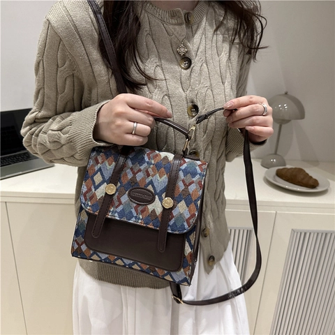 Mochila Vintage para Mujer Patrón de Diamante Geométrico Moda PU Cuero Empalme Bolso Bandolera Pequeño Multifuncional Bolso Diario