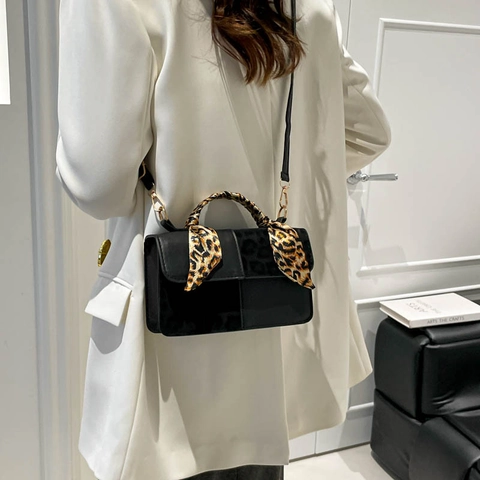 Women Vintage PU Leather Contrast Color Stitching Small Square Bag With Leopard Print Scarf Handle Crossbody Shoulder Bag