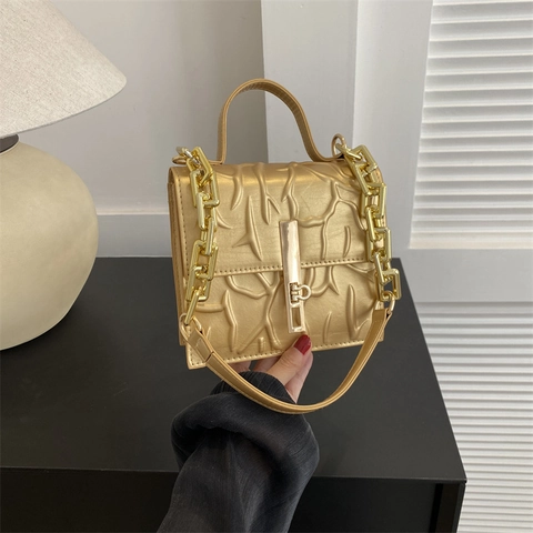 Damen Mode PU Leder Geprägt Zweig Textur Schultertasche Mit Goldener Kette Modern Kleine Quadratische Umhängetasche