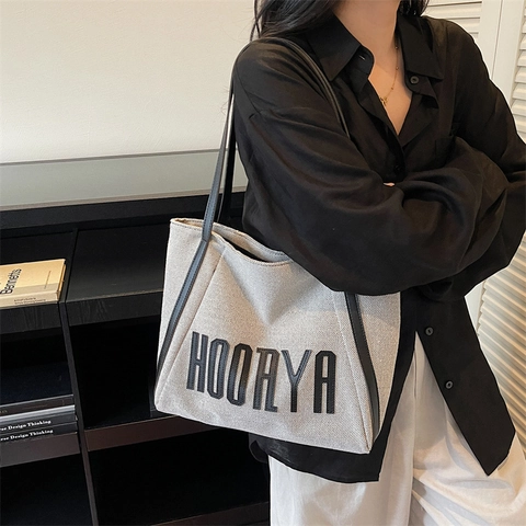 Γυναικεία Casual Τσάντα Tote από Καμβά Μεγάλης Χωρητικότητας Hoorya Εκτύπωση Γραμμάτων Τσάντα Ώμου Χρωματική Αντίθεση Σχολική Τσάντα Φοιτητή