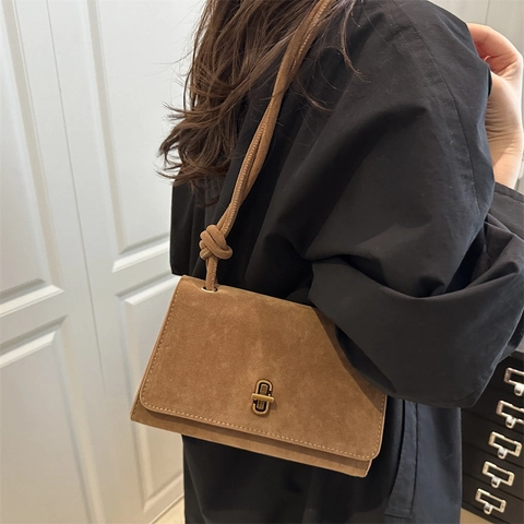Damen Vintage Wildleder Umhängetasche Minimalistisch Matt Kunstleder Handtasche Mit Gold Metal Schloss Und Knoten Schultergurt