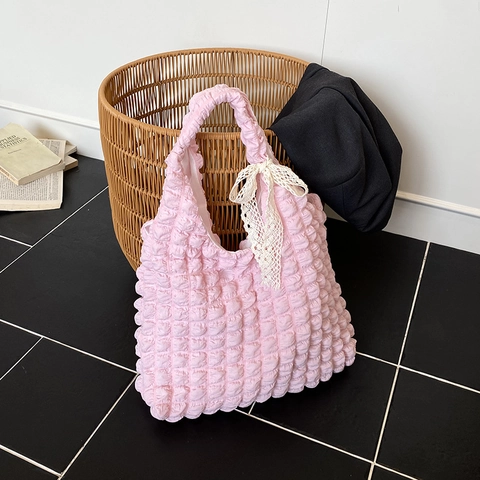Women Popcorn Bubble Tote Bag Lace Bow Pleated Large Capacity Shoulder Bag Casual Daily Polyester Fashion Puffy Handbag