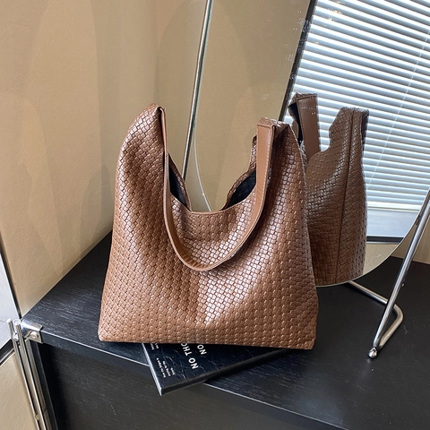 Bolso Tote de Mujer Retro de Cuero PU Tejido Gran Capacidad Bolso de Hombro Hobo Moda Casual Viaje Diario Color Sólido