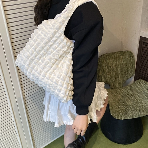 Women Popcorn Bubble Tote Bag Lace Bow Pleated Large Capacity Shoulder Bag Casual Daily Polyester Fashion Puffy Handbag