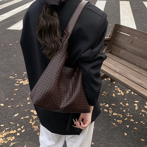 Bolso Tote de Mujer Retro de Cuero PU Tejido Gran Capacidad Bolso de Hombro Hobo Moda Casual Viaje Diario Color Sólido