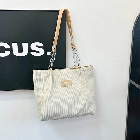 Borsa Tote da Donna in Velluto a Coste Grande Capacità Borsa a Spalla Con Catena in Metallo Minimalista Pendolare Shopping