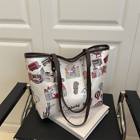 Borsa Tote da Donna in Pelle PU con Stampa Cartoon City Borsa a Tracolla di Grande Capacità Borsa a Mano Casual per Pendolarismo