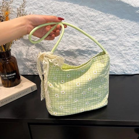 Florale Leinwand Schultertasche Für Damen Süße Gingham Unterarmtasche Mit Spitzenschleife Bestickt Gänseblümchen Frische Handtasche