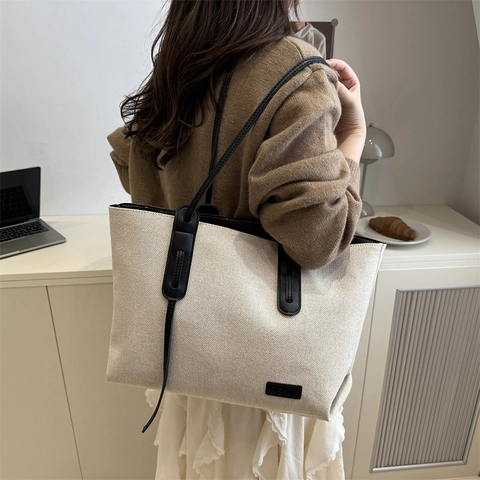 Damen Tragetasche Mit Großer Kapazität Lässige Segeltuch Schultertasche Mit Kunstledergriff Mode Pendeln Handtasche