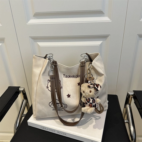 Grand Sac Fourre-Tout en Toile pour Femmes Motif Chat de Dessin Animé Mignon Sac à Épaule Avec Pendentif en Peluche Polyvalent