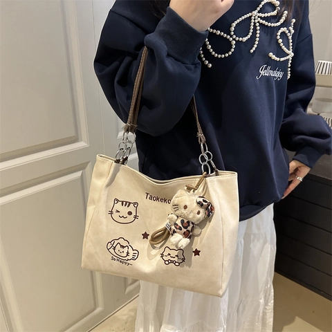 Grand Sac Fourre-Tout en Toile pour Femmes Motif Chat de Dessin Animé Mignon Sac à Épaule Avec Pendentif en Peluche Polyvalent