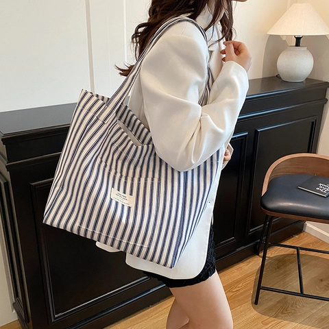 Korean Style Striped PU Tote Bag Large Capacity Shoulder Bag For Women Fashion Casual Commuter Striped Pattern Handbag