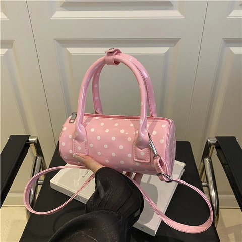 Bolso Cilíndrico Retro de Mota para Mujer Cuero PU Brillante Bolso Bandolera Pequeño Bolso de Mano de Moda con Correa Ajustable
