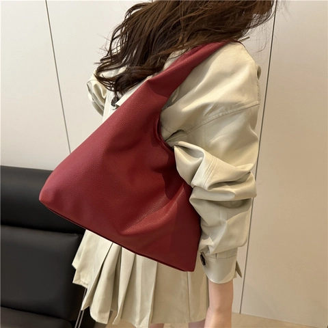 Bolso Tote de Cuero PU para Mujer de Gran Capacidad Bolso de Hombro Hobo de Moda Viaje Diario Textura de Lichi Con Hebilla Magnética Bolso de Mano de Color Liso
