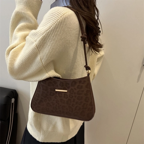 Bolso de Hombro de Antelina con Estampado de Leopardo Gran Capacidad Bolso de Axila para Mujer Moda Retro Minimalista Urbano
