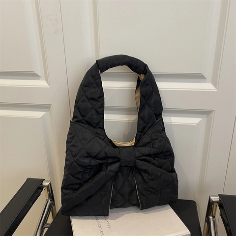 Große Kapazität Gesteppte Schultertasche Für Damen Gepolsterte Tote Bag Casual Schleife Dekor Umhängetasche Pendeltasche