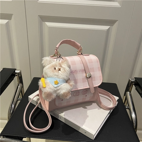 Mini Mochila de Cuadros Retro de Moda para Mujer Estampado de Oso de Dibujos Animados Cuero PU Bolso de Hombro Pequeño Versátil