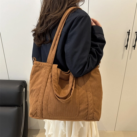 Women Large Capacity Corduroy Tote Bag Casual Shoulder Crossbody Bag Handbag For Work School Minimalist Shopping Bag