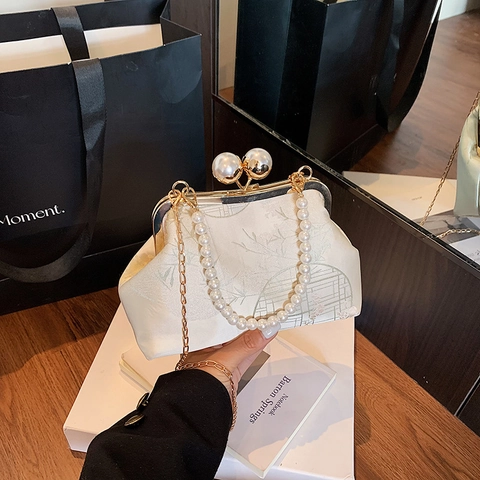 Vintage Jacquard Evening Bag New Chinese Style Crossbody Bag With Artificial Pearl Handle For Women Party Elegant Clutch