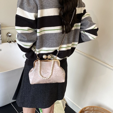 Vintage Jacquard Evening Bag New Chinese Style Crossbody Bag With Artificial Pearl Handle For Women Party Elegant Clutch